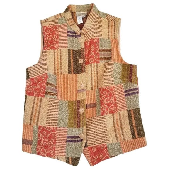 Vintage 90s Tapestry Patchwork Neutral Button Up Vest Retro Cottage Core USA | M - Picture 1 of 5